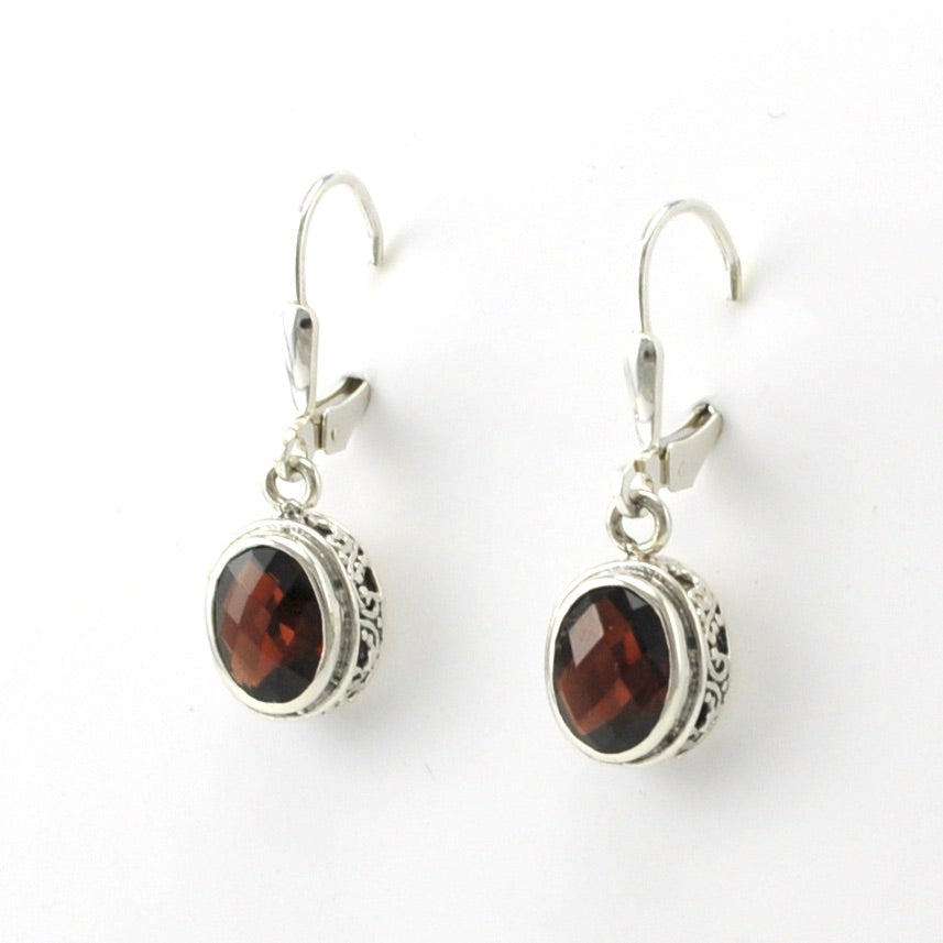Sterling Silver Garnet 6x8mm Oval Bali Dangle Earrings