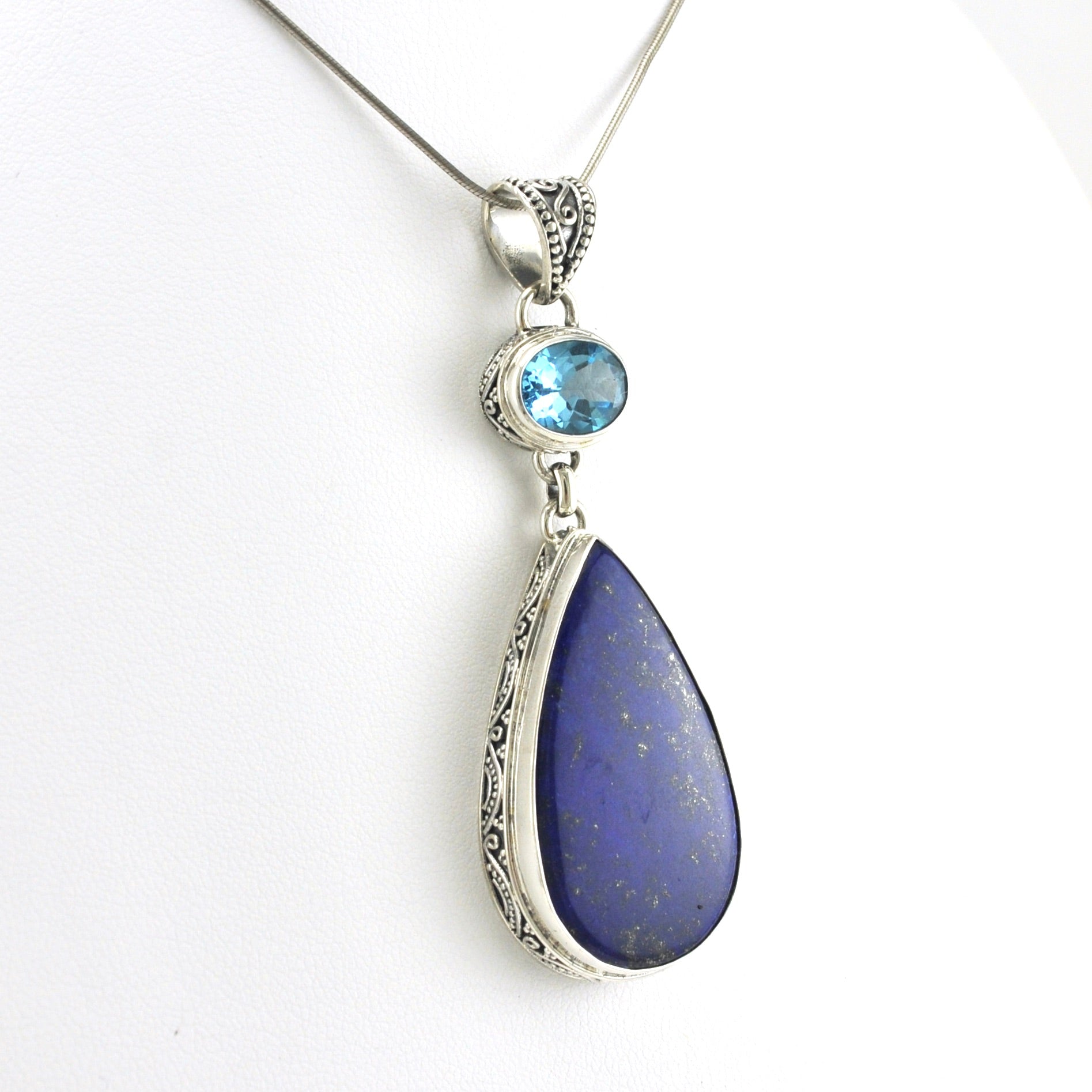 Side View Sterling Silver Blue Topaz Lapis Bali Pendant