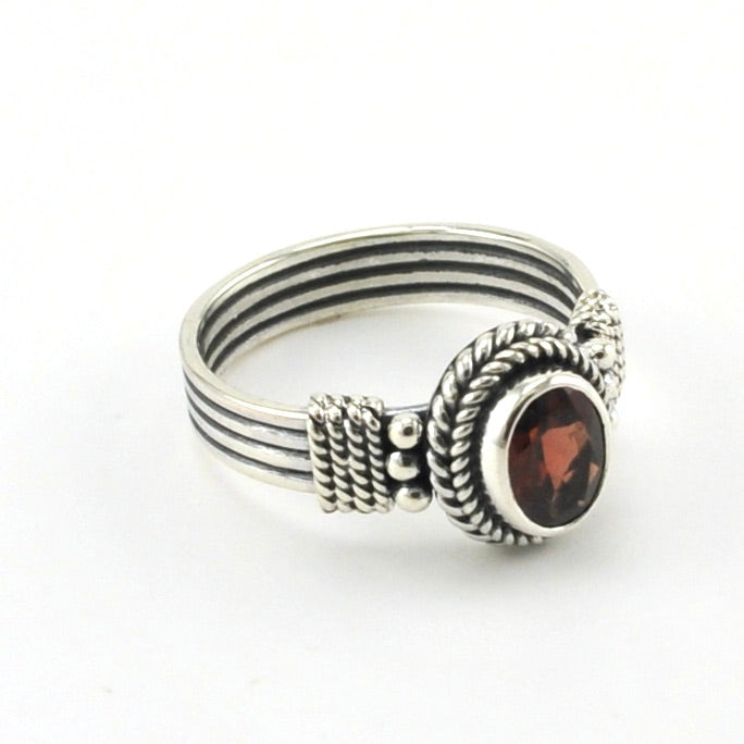 Side View Sterling Silver Garnet 6x8mm Oval Bali Ring