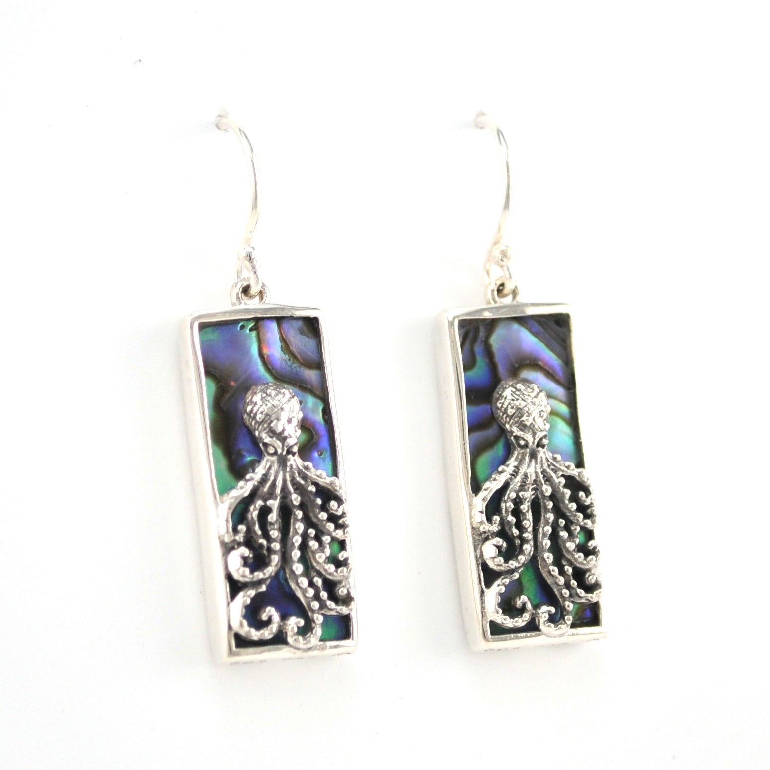 Alternate View Silver Abalone Octopus Rectangle Dangle Earrings