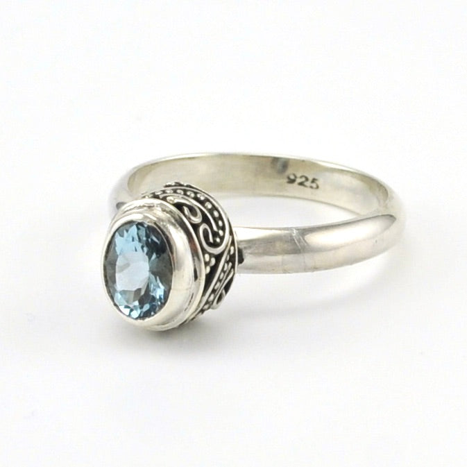 Side View Sterling Silver Aquamarine 5x7mm Oval Bali Ring
