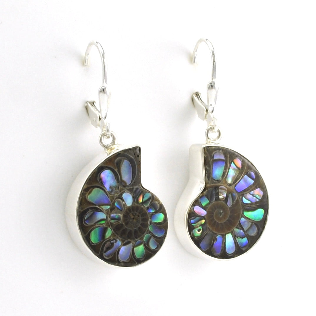 Alternate View Silver Ammonite with Inlaid Abalone Earrings