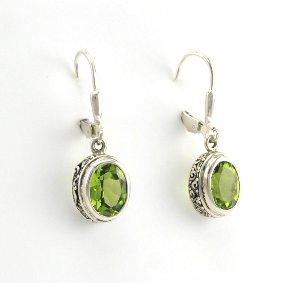 Side View Sterling Silver Peridot 7x9mm Oval Bali Dangle Earrings