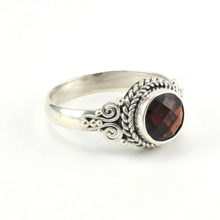 Side View Sterling Silver Garnet 7mm Round Bali Ring