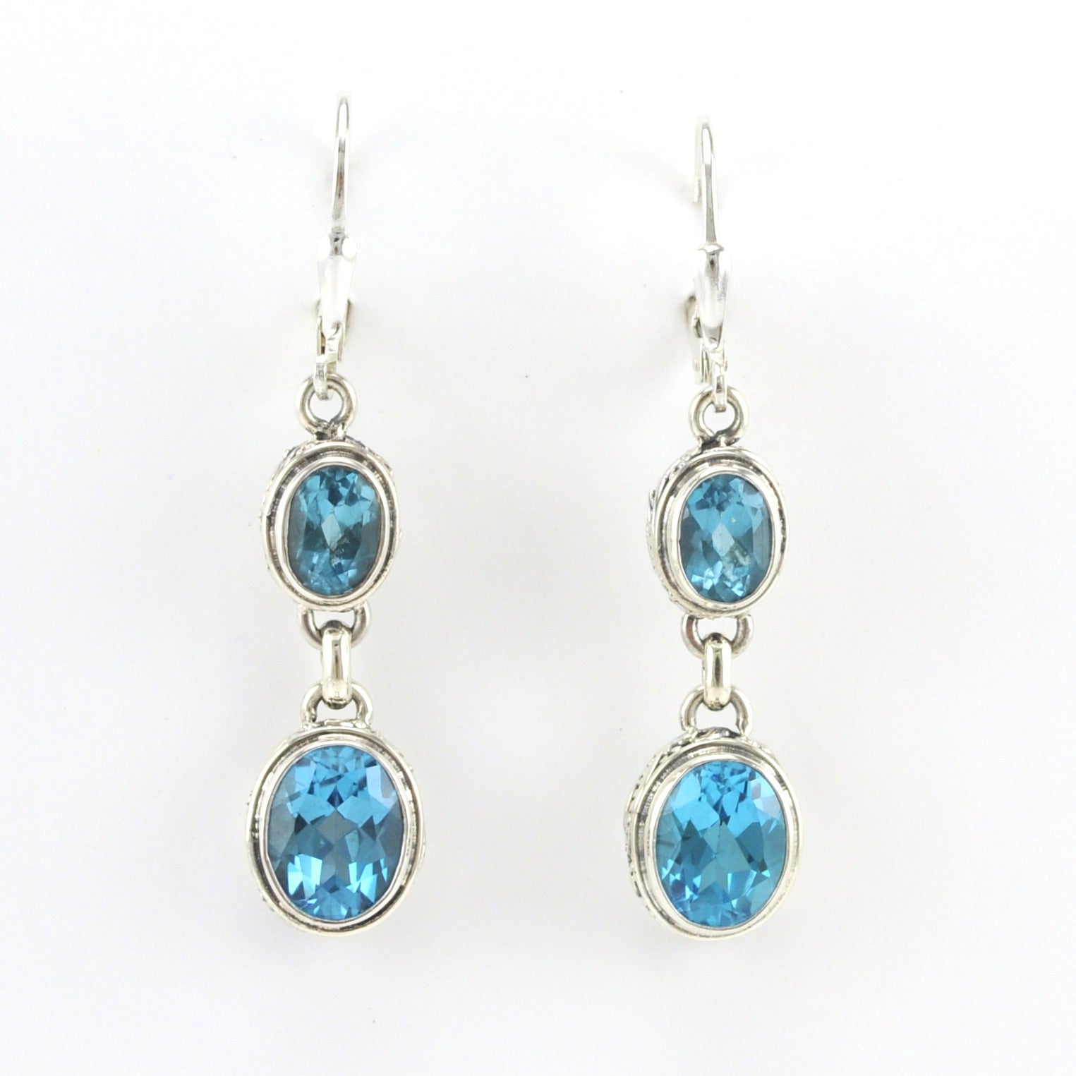 Alt View Sterling Silver Blue Topaz 2 Oval Bali Dangle Earrings