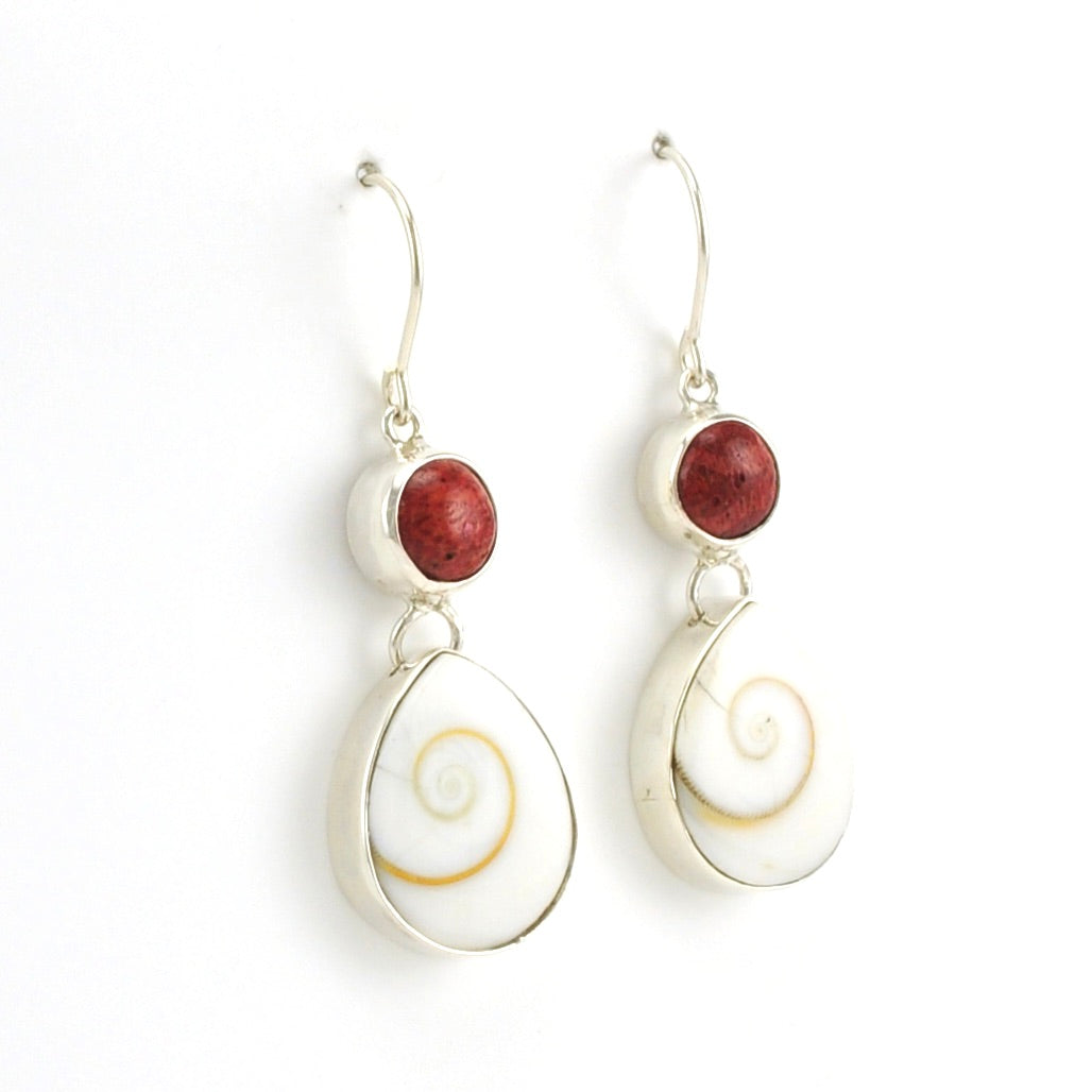 Side Veiw Sterling Silver Red Coral Shiva Shell Earrings