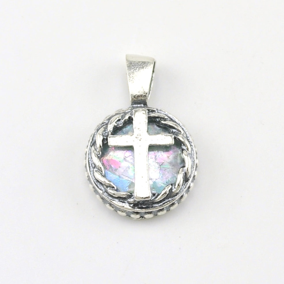 Sterling Silver Ancient Roman Glass Round Cross Pendant