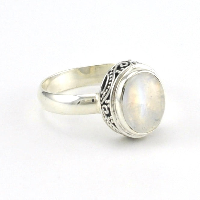 Side View Sterling Silver Moonstone 8x10mm Oval Bali Ring