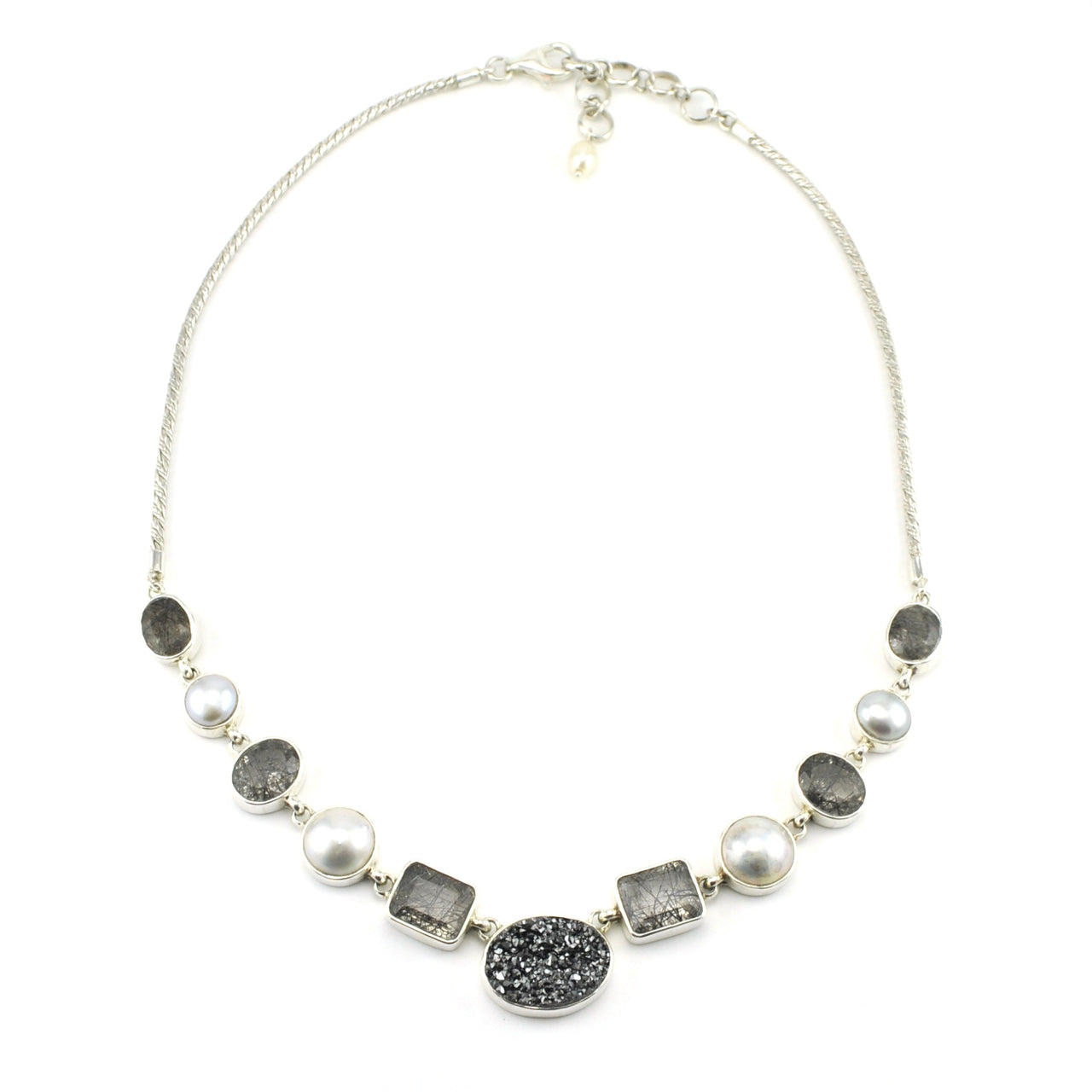 Sterling Silver Tourmalinated Quartz Druzy Pearl Necklace