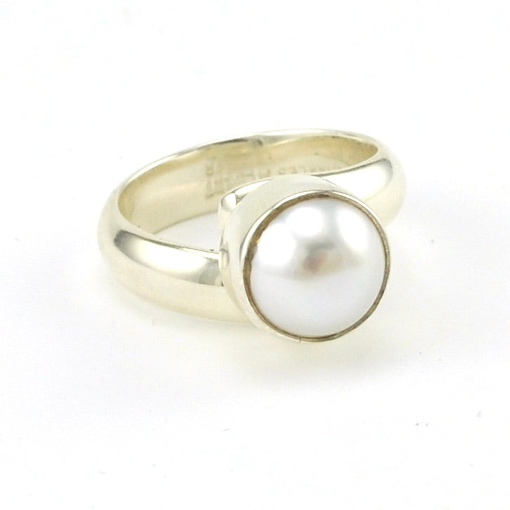 Side View Sterling Silver Pearl Adjustable Ring