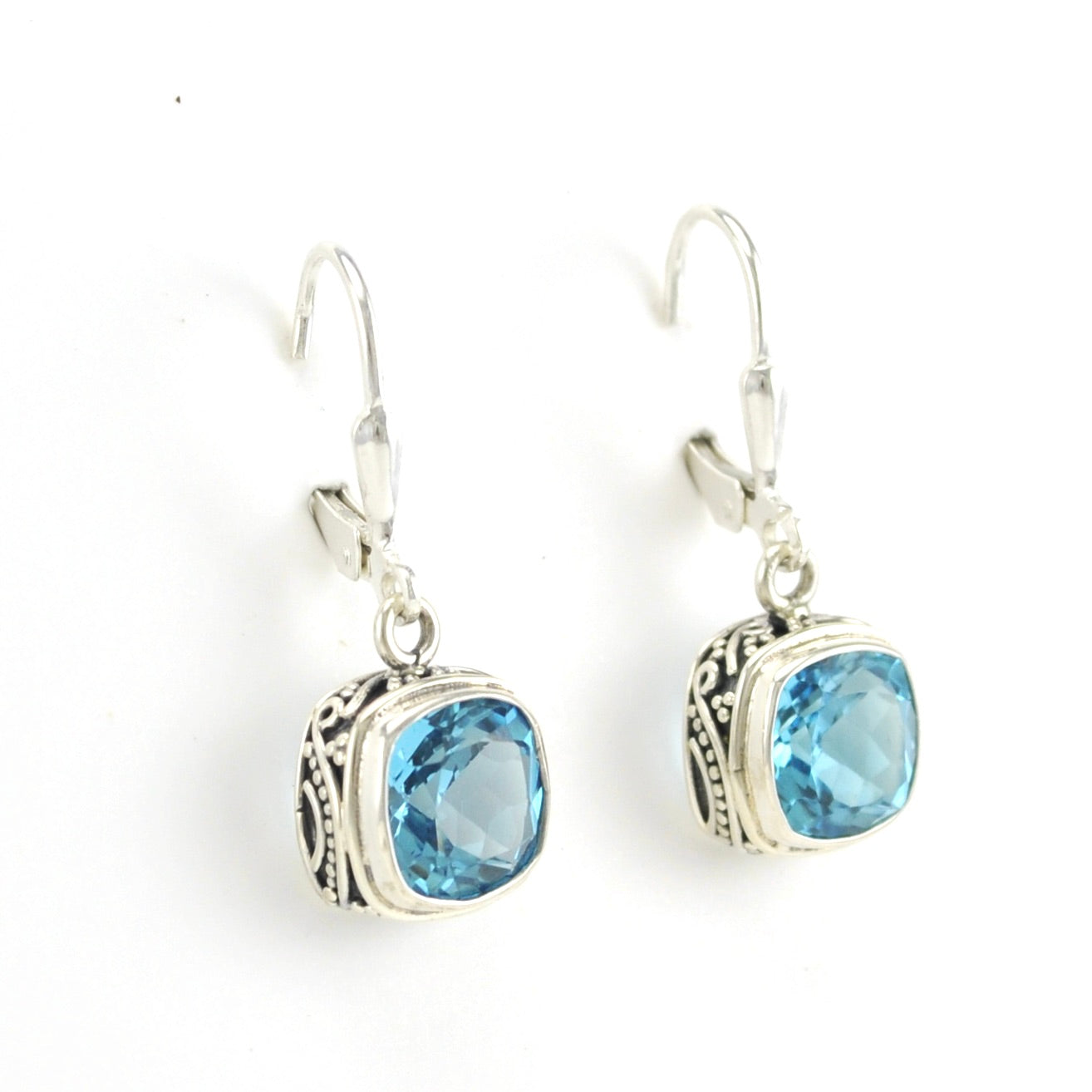 Side View Sterling Silver Blue Topaz 8mm Square Bali Dangle Earrings