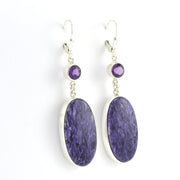 Side View Sterling Silver Charoite with Amethyst Dangle Earrings