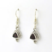 Side View Sterling Silver Garnet 7mm Trillion Dangle Earrings