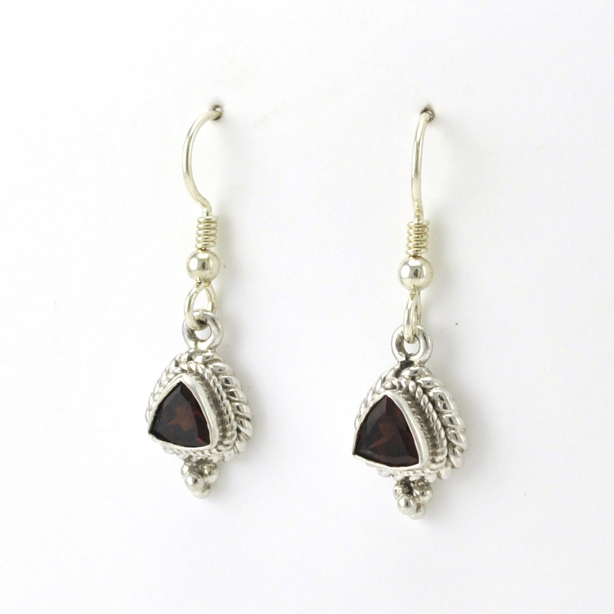 Side View Sterling Silver Garnet 7mm Trillion Dangle Earrings