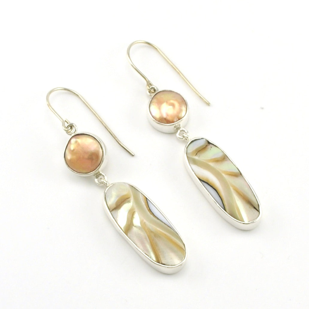 Sterling Silver Peach Coin Pearl Nautilus Shell Earrings