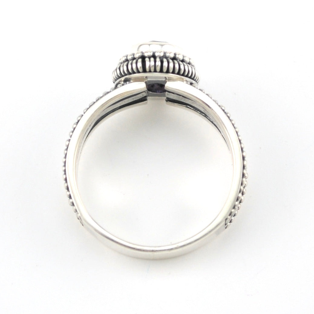 Alternate View Silver Amethyst 6x8mm Oval 3 Band Scroll Ring
