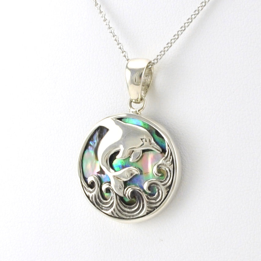Side View Sterling Silver Abalone Dolphin on Waves Necklace
