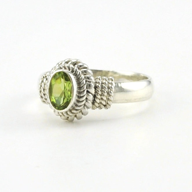 Side View Sterling Silver Peridot 4x6mm Oval Rope Ring