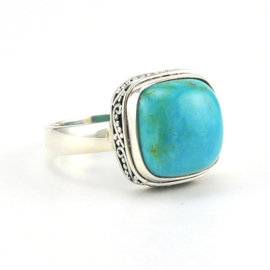 Side View Sterling Silver Arizona Turquoise 13mm Square Bali Ring