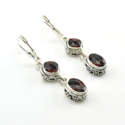 Sterling Silver Garnet Square Oval Bali Dangle Earrings
