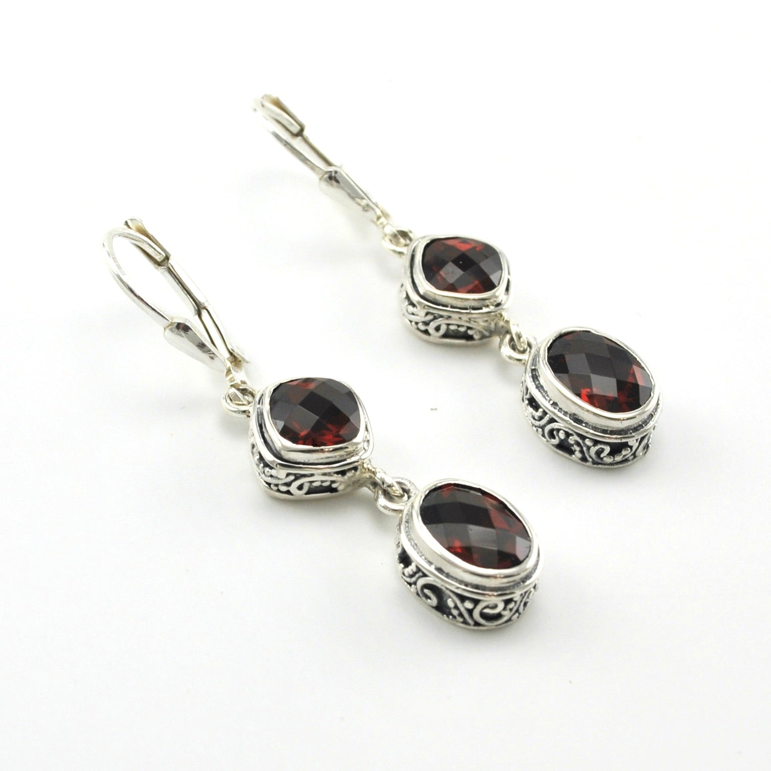 Sterling Silver Garnet Square Oval Bali Dangle Earrings