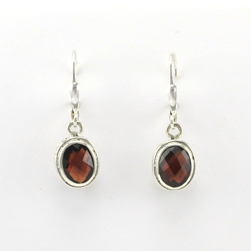 Alt View Sterling Silver Garnet 6x8mm Oval Bali Dangle Earrings