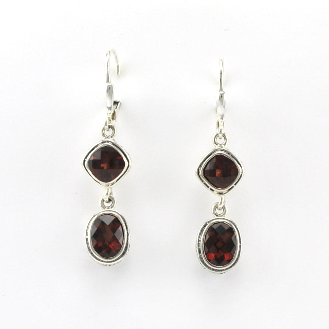 Alt View Sterling Silver Garnet Square Oval Bali Dangle Earrings
