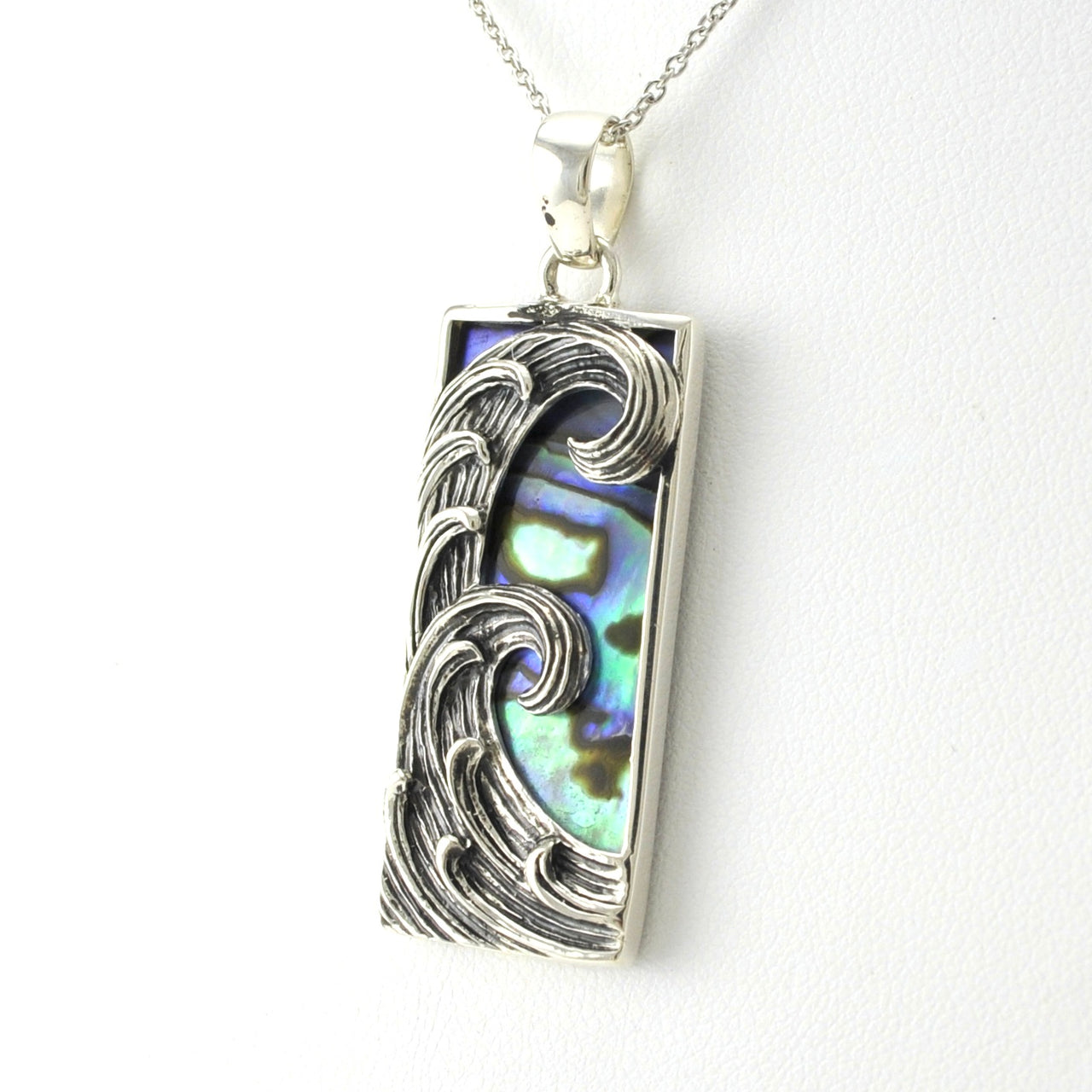 Side View Sterling Silver Abalone Rectangular Wave Necklace