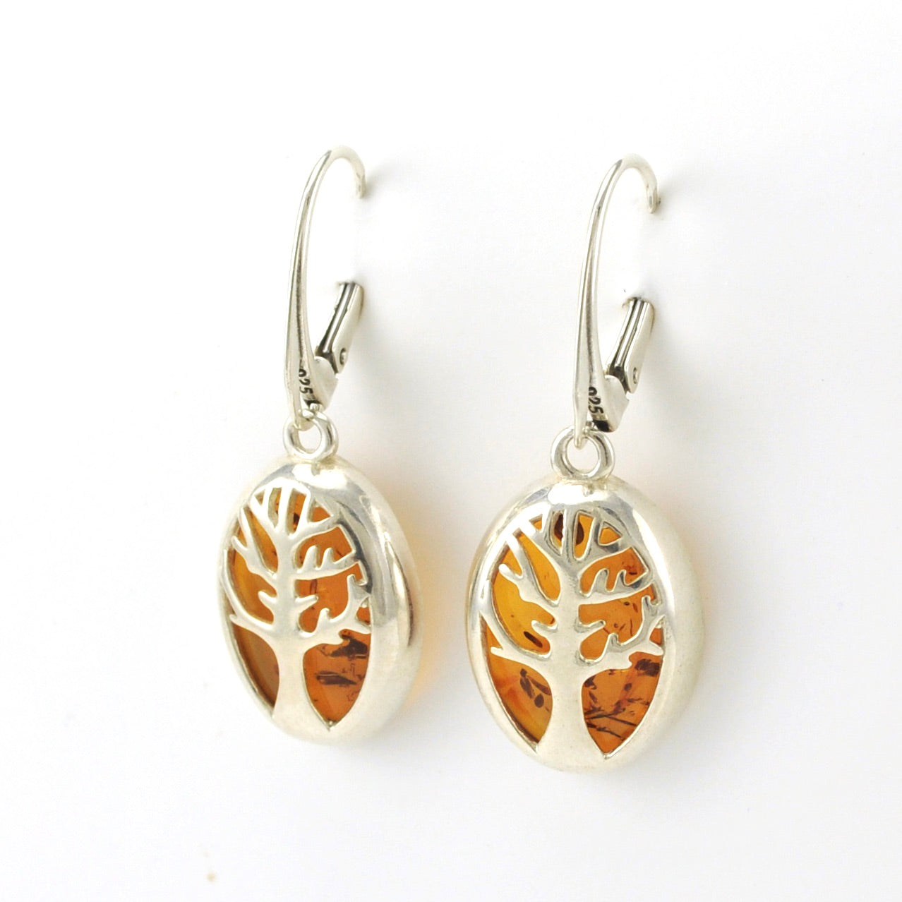 Side View Sterling Silver Amber Oval Tree Earrings