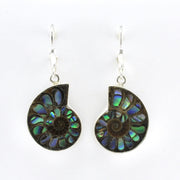 Front View Silver Ammonite with Inlaid Abalone Earrings