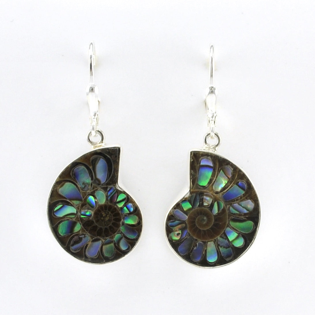 Front View Silver Ammonite with Inlaid Abalone Earrings