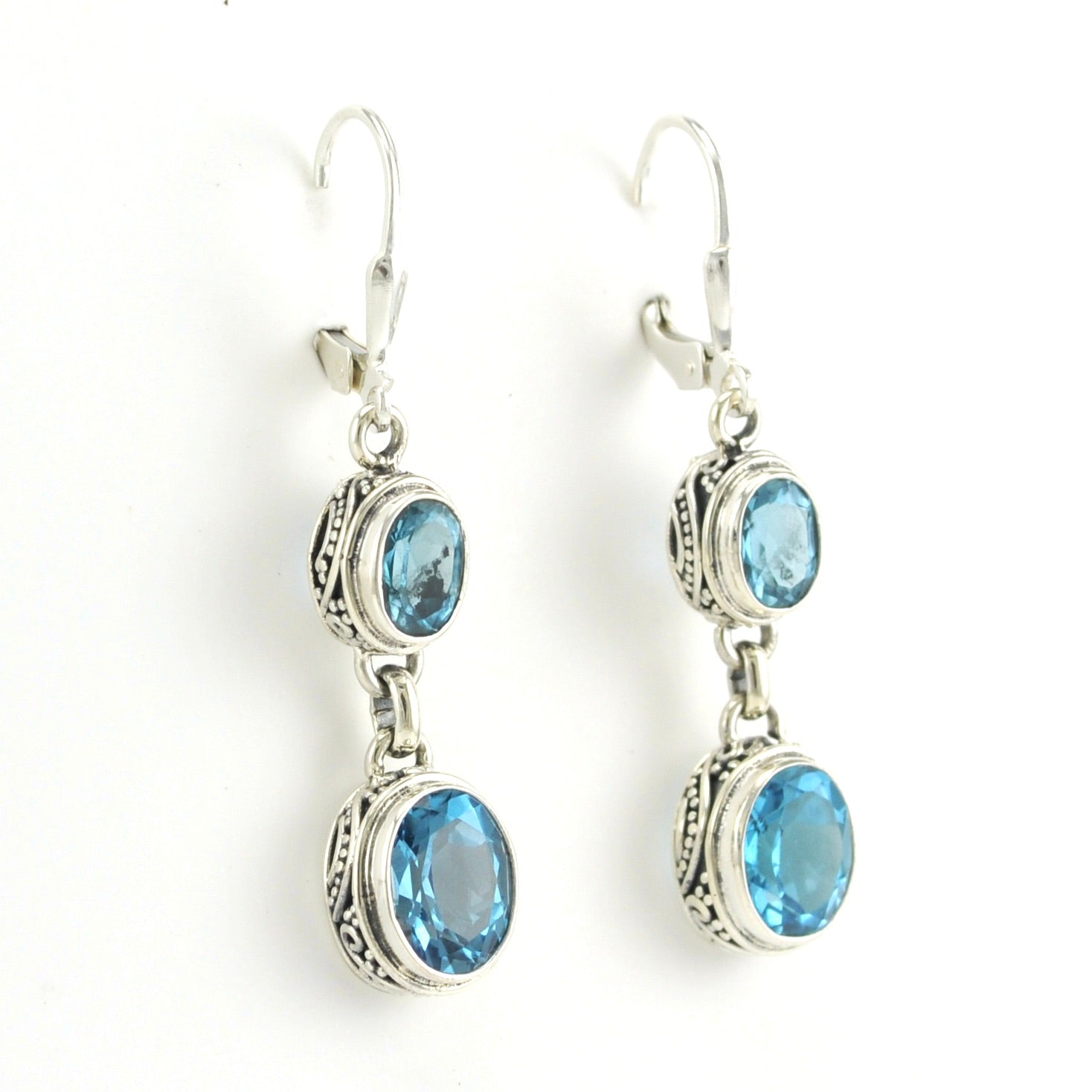 Side View Sterling Silver Blue Topaz 2 Oval Bali Dangle Earrings