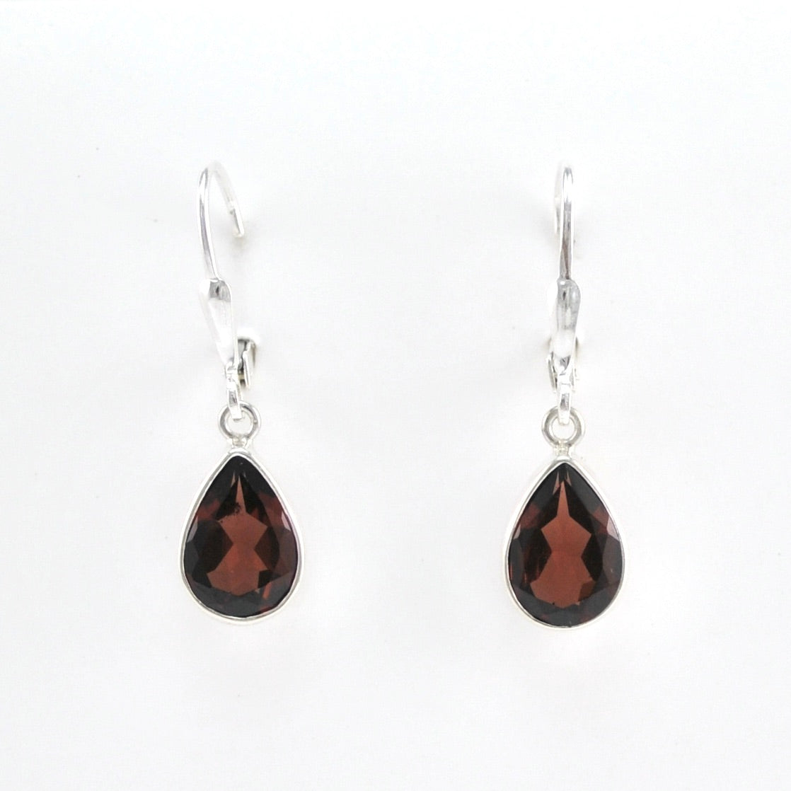 Front View Silver Garnet 7x10mm Teardrop Dangle Earrings