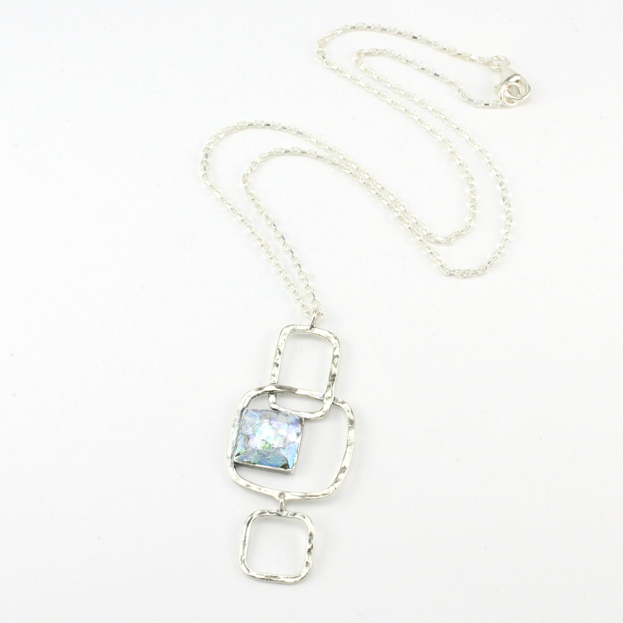Sterling Silver Roman Glass Square Drop Necklace