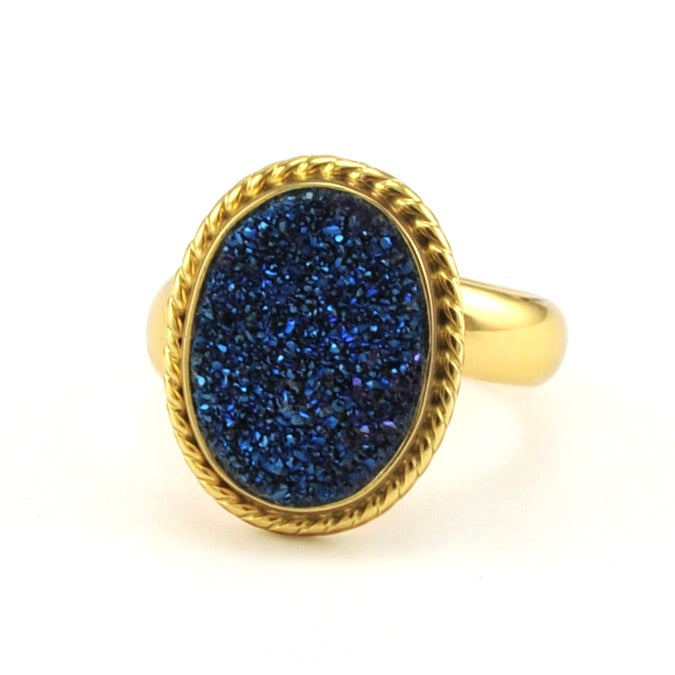 Alchemía Blue Druzy Agate Oval Rope Ring