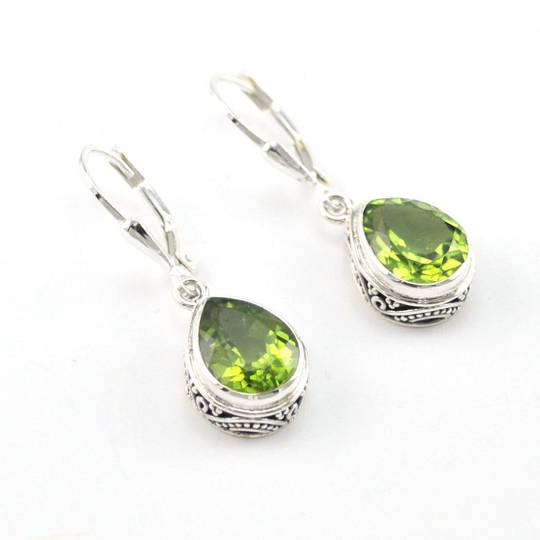 Silver Peridot 8x10mm Tear Bali Earrings