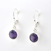 Side View Silver Amethyst 8mm Round Dangle Earrings