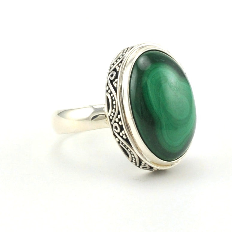 Sterling Silver Malachite 12x18mm Oval Bali Ring