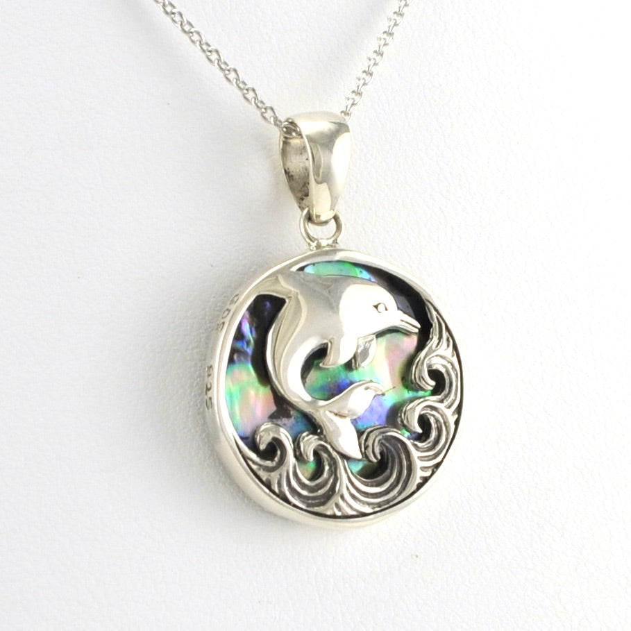 Alt View Sterling Silver Abalone Dolphin on Waves Necklace
