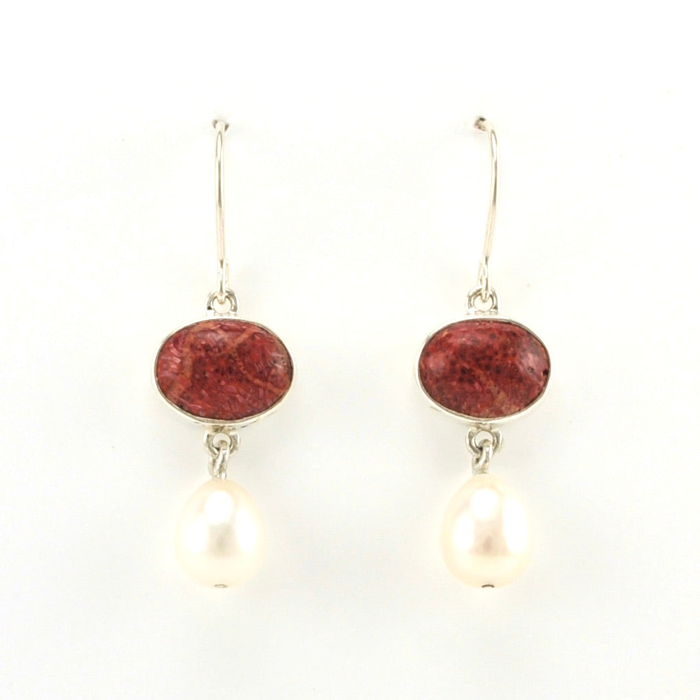 Alt View Sterling Silver Red Coral Pearl Earrings