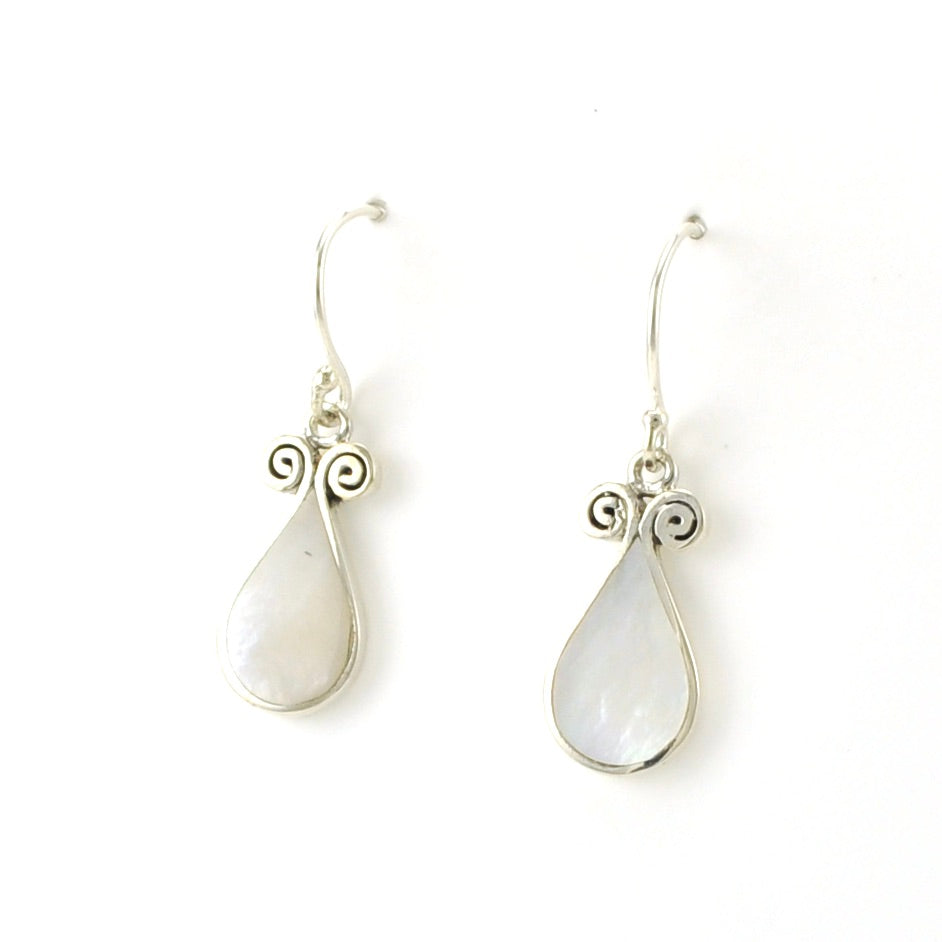 Side View Sterling Silver Mother of Pearl Tear Double Swirl Earrings