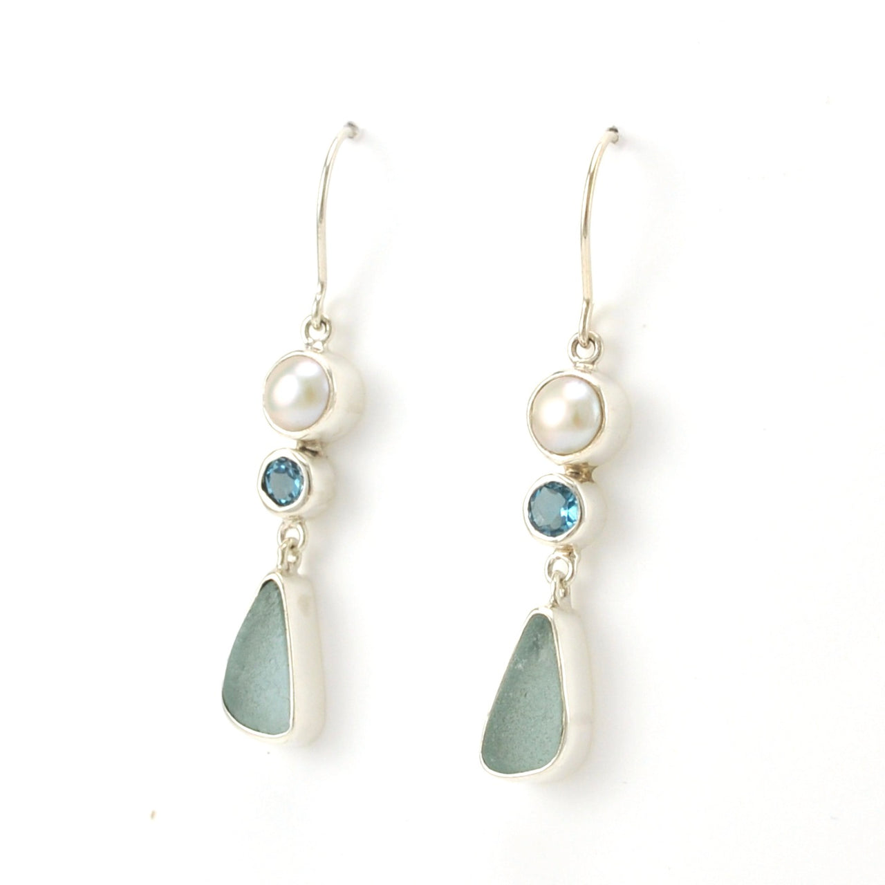 Side View Sterling Silver Pearl Blue Topaz Aqua Sea Glass Earrings