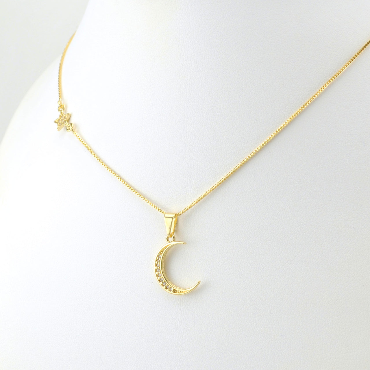 Side View 18k Gold Fill Cubic Zirconia Moon and Star Necklace