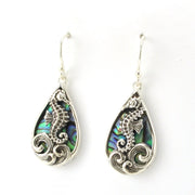 Side View Sterling Silver Abalone Tear Seahorse Earrings