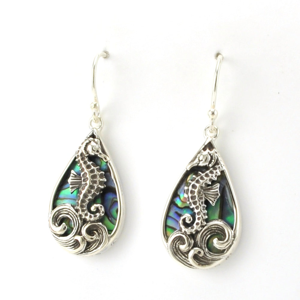 Side View Sterling Silver Abalone Tear Seahorse Earrings