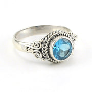 Side View Sterling Silver Blue Topaz 7mm Round Bali Ring