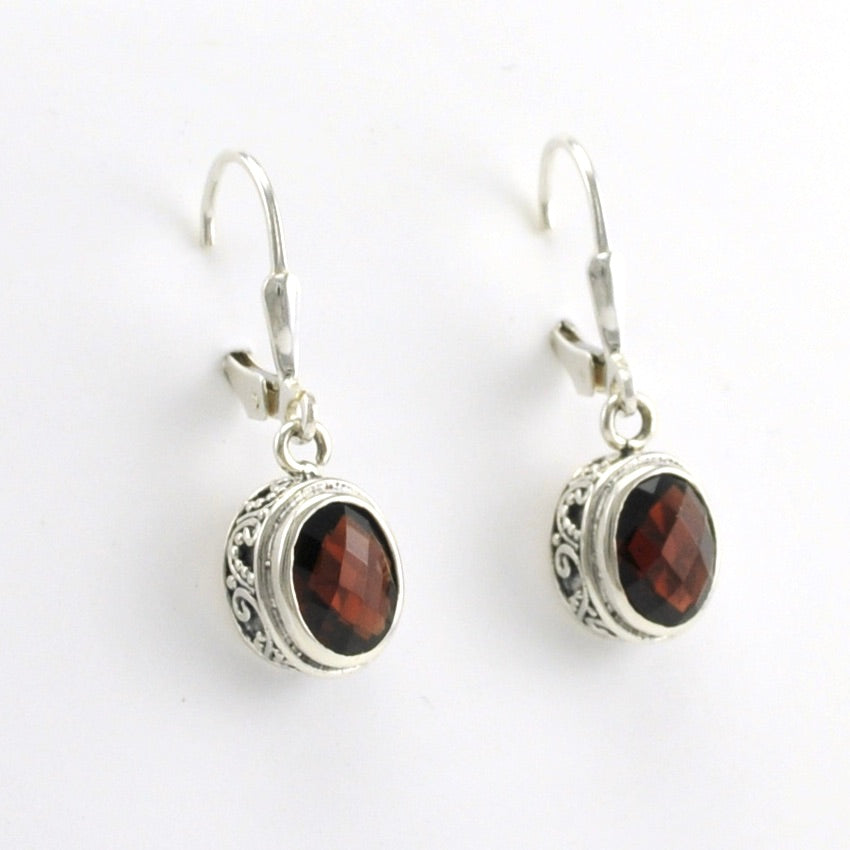 Side View Sterling Silver Garnet 6x8mm Oval Bali Dangle Earrings