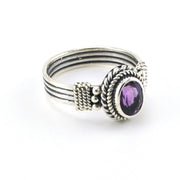 Side View Sterling Silver Amethyst 6x8mm Oval Bali Ring