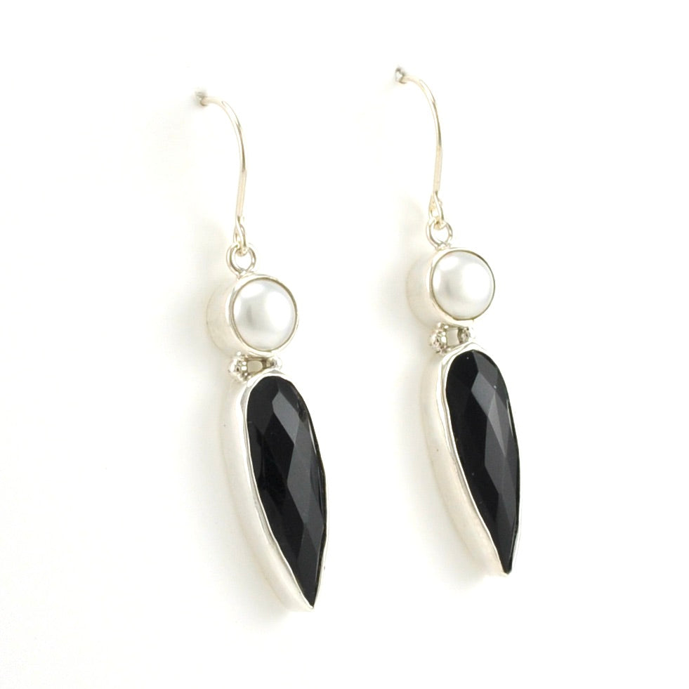 Side View Sterling Silver Pearl Black Onyx Dangle Earrings