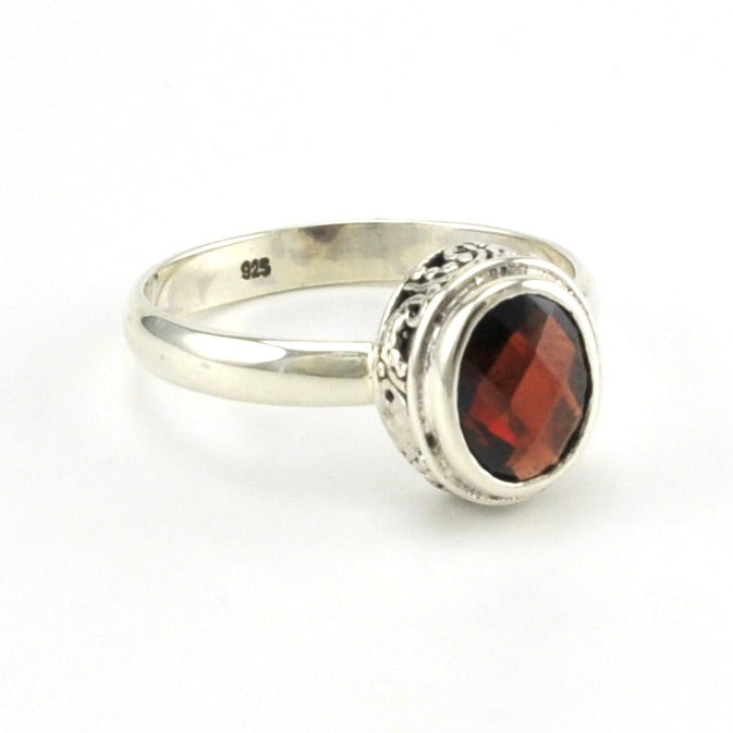 Side View Sterling Silver Garnet 6x8mm Oval Bali Ring